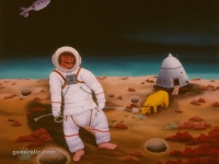 Josip Generalic, 1975, Imbro kolonizira Mjesec (Imbro colonizing the Moon), ulje na staklu (oil on glass)