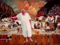 Josip Generalic, 1975, Neron opijeva jogenj v Hlebinama (Neron singing in Hlebine), ulje na staklu (oil on glass), 120x180 cm
