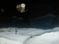 Josip Generalić, 1975, Prvi svemirci u Podravini (First aliens in Podravina), ulje na staklu (oil on glass), 150×100 cm