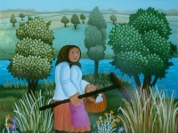 Josip Generalić, 1975, Žena s košarom (Woman with a basket), ulje na staklu (oil on glass)