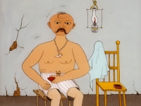 Josip Generalic, 1976, Deda pere noge (Grandpa is washing feet), ulje na staklu (oil on glass)