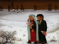 Josip Generalic, 1976, Mladenci na snijegu (Newlyweds in winter), ulje na staklu (oil on glass)