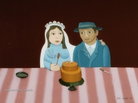 Josip Generalic, 1976, Mladenci s tortom (Newlyweds and a cake), ulje na staklu (oil on glass)