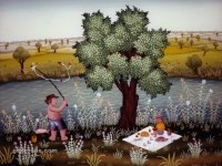 Josip Generalic, 1976, Ribolov na Dravi (Fishing on river Drava), ulje na staklu (oil on glass)