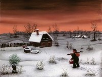Josip Generalić, 1977, Donošenje namirnica (Bringing groceries), ulje na staklu (oil on glass)