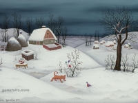 Josip Generalic, 1977, Macka vreba pticu (Cat prowling a bird), ulje na staklu (oil on glass)