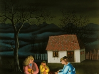 Josip Generalic, 1977, Pecenje kestenja (Eating chestnuts), ulje na staklu (oil on glass)