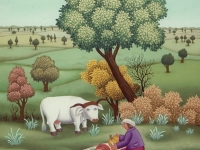 Josip Generalic, 1977, Rezanje bundeve (Cutting pumpkins), ulje na staklu (oil on glass)