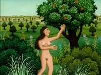 Josip Generalić, 1977, Žena bere jabuke (Woman picking up apples), ulje na staklu (oil on glass)