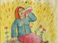 Josip Generalić, 1977, Žena pije (Woman is drinking), akvarel (waterolour), 24x18 cm