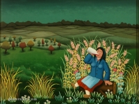 Josip Generalić, 1977, Žena pije vino (Woman drinking wine), ulje na staklu (oil on glass)