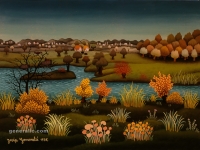 Josip Generalić, 1978, Pejzaž s rijekom Dravom (Landscape with river Drava), ulje na staklu (oil on glass), 35x47 cm