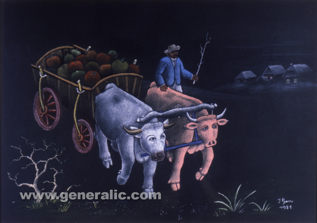 Ivan Generalic, 1981, Cows heaving pumpkins, pastel
