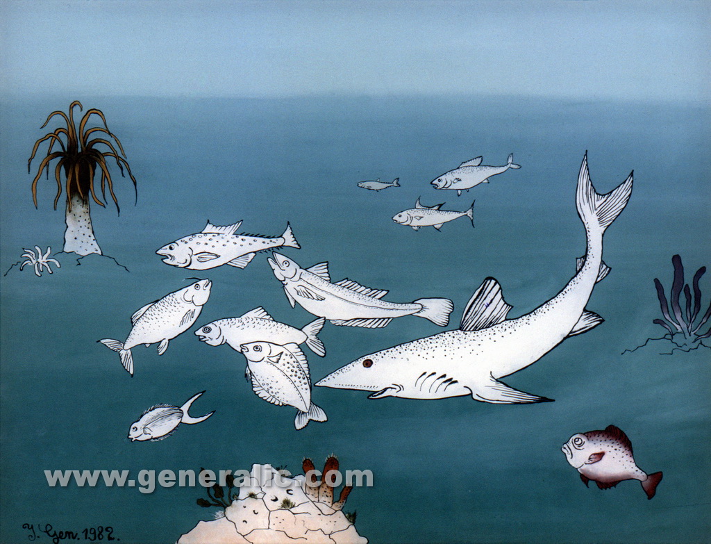 Ivan Generalic, 1982, White fish, oil on glass