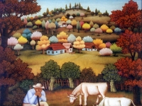 Ivan Generalic, 1980, Seljak s kravom (Peasant with cows), ulje na staklu (oil on glass), 40x45 cm