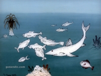 Ivan Generalic, 1982, Bijele ribe (White fish), ulje na staklu (oil on glass)