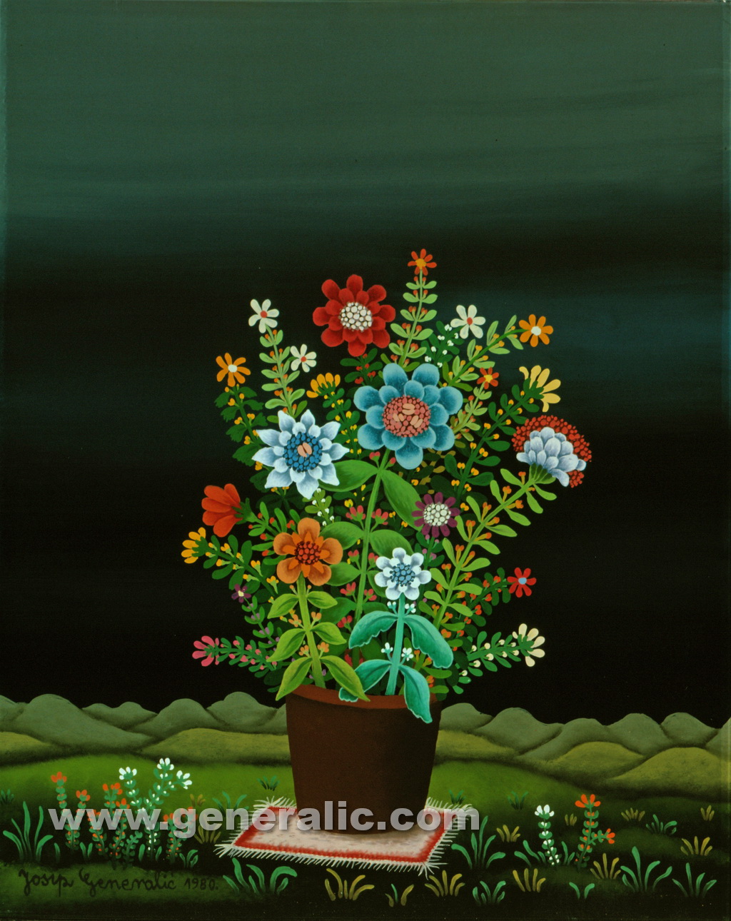 Josip Generalic, 1980, Flowers at night, oil on glass