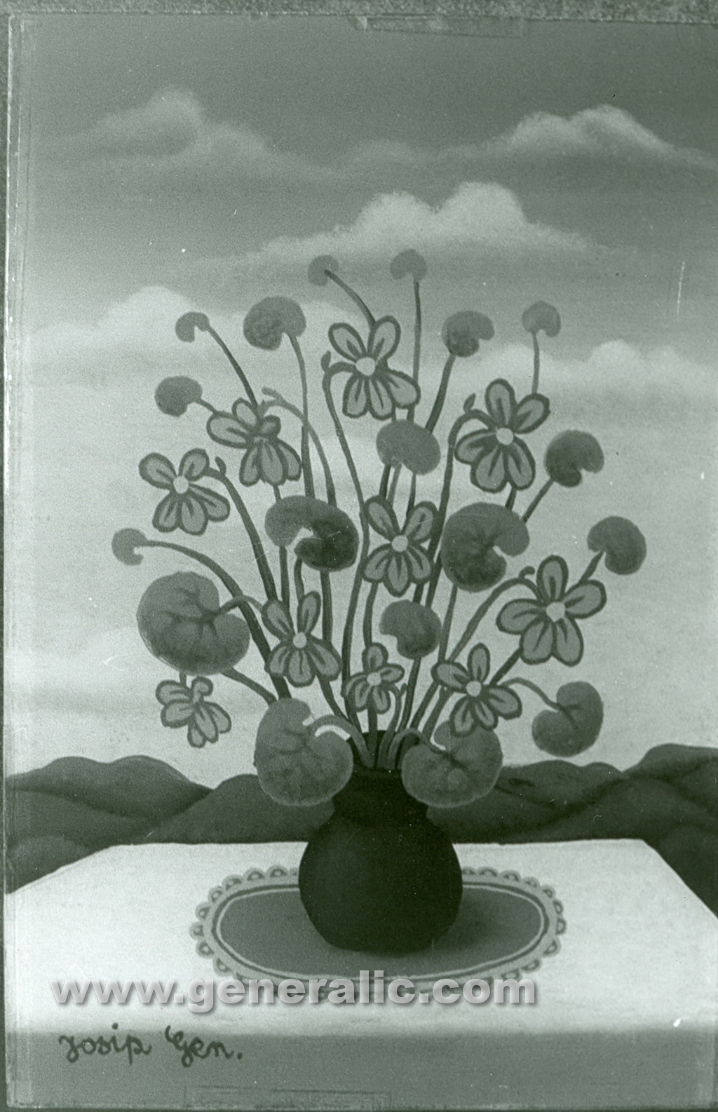 Josip Generalic, 1980, Flowers on white table, oil on glass