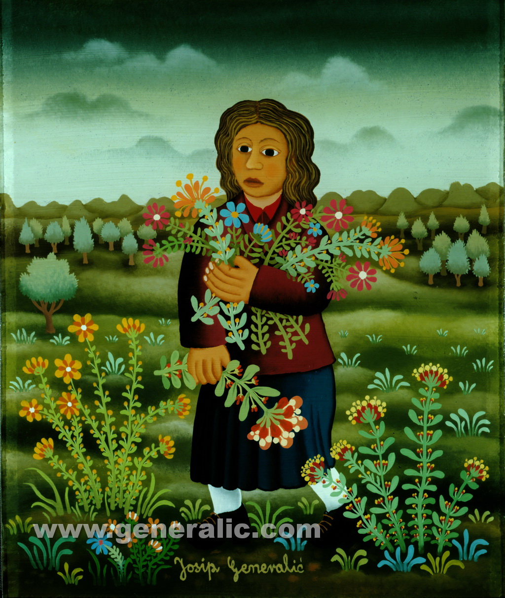 Josip Generalic, 1980, Girl with flowers, oil on glass