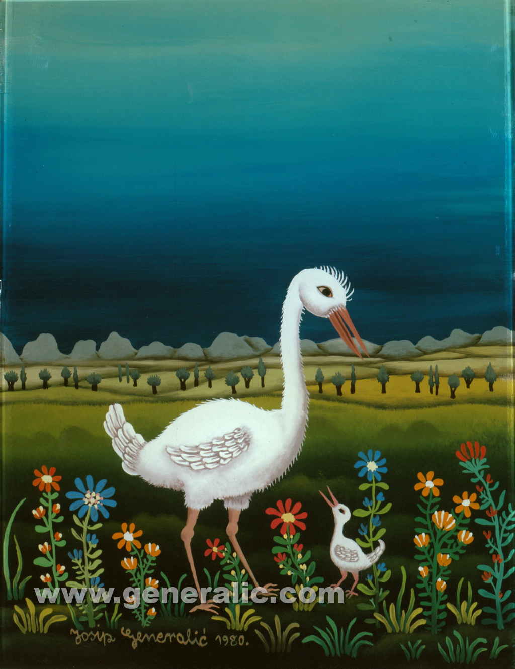 Josip Generalic, 1980, Two white birds, oil on glass, 19x12 cm