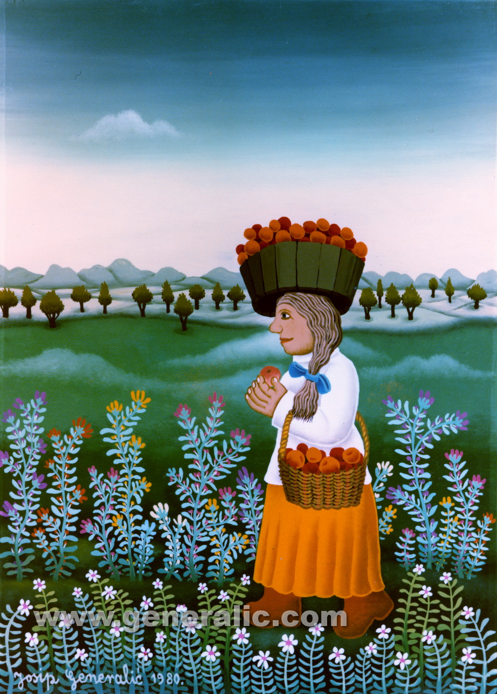 Josip Generalic, 1980, Woman with apples, oil on glass, 33x24 cm
