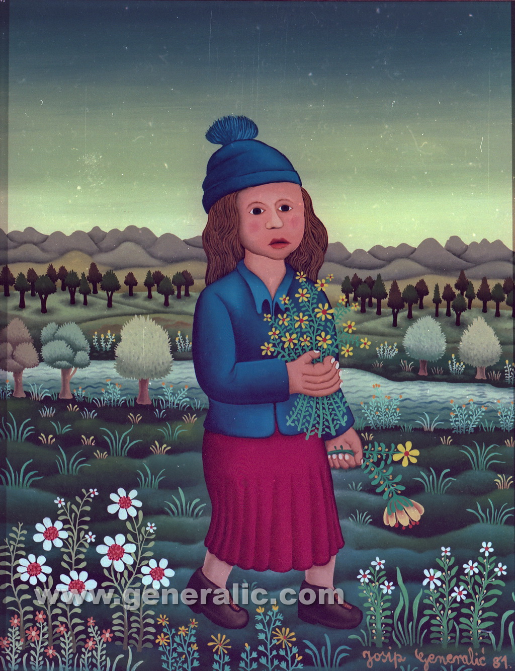 Josip Generalic, 1981, Girl with flowers, oil on glass