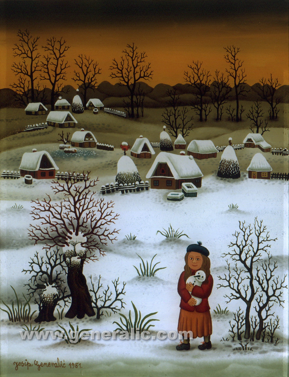 Josip Generalic, 1981, Girl with snowman, oil on glass