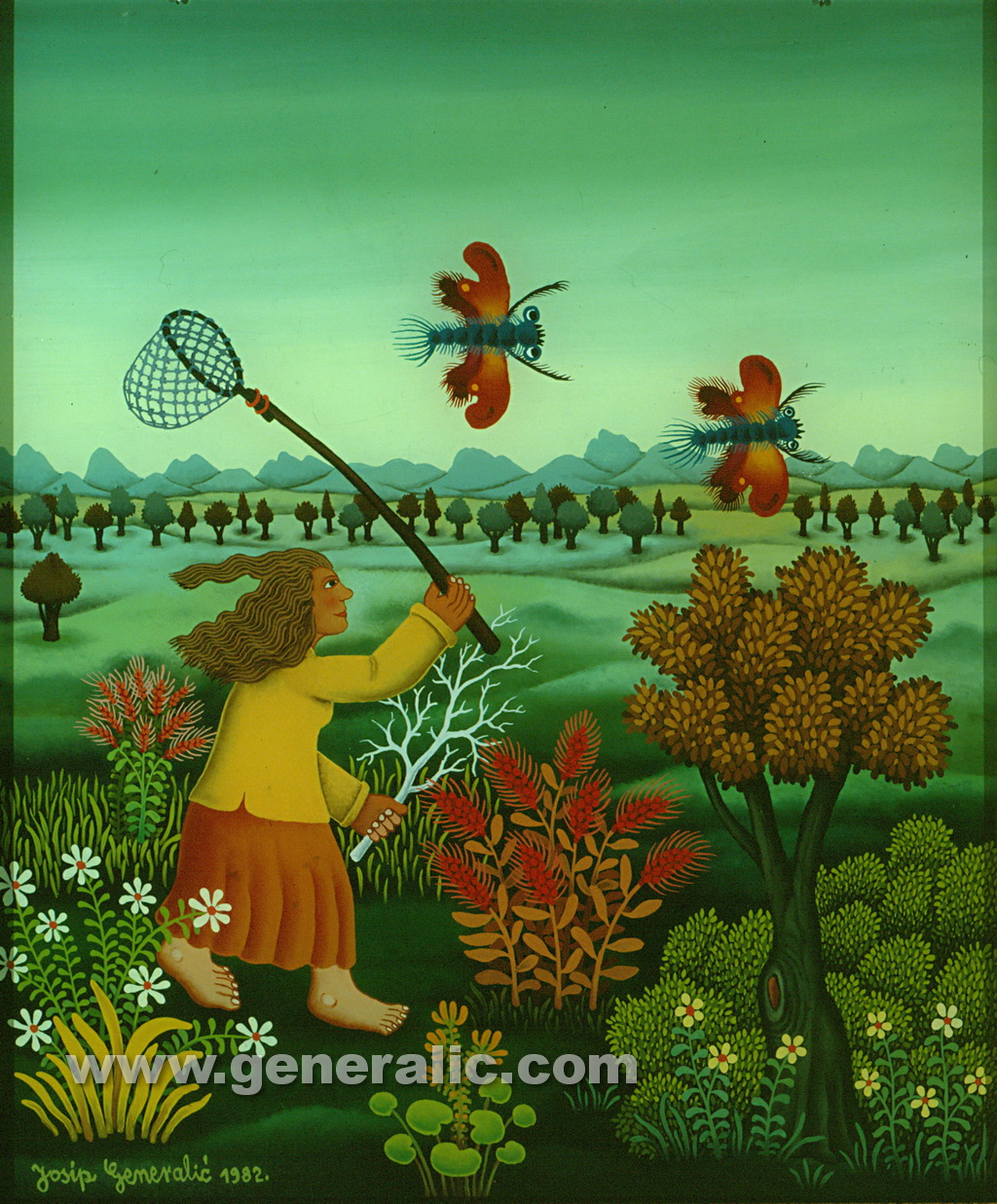 Josip Generalic, 1982, Chasing butterflies, oil on glass, 42x35 cm