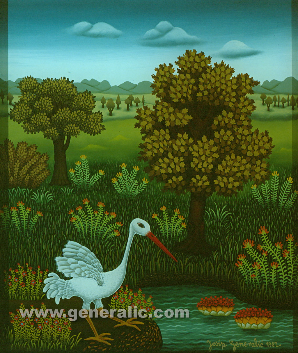 Josip Generalic, 1982, White stork, oil on glass, 36x30 cm