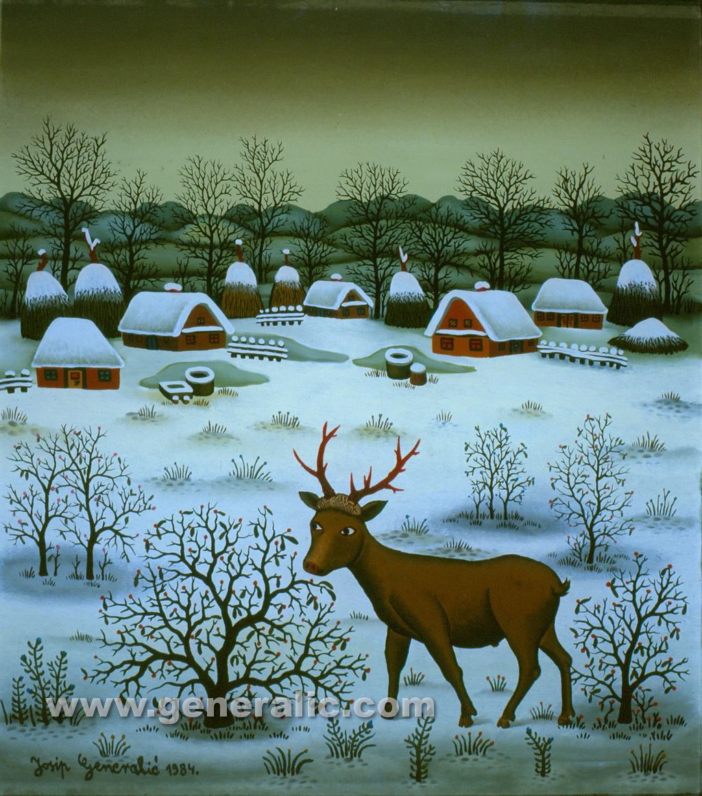 Josip Generalic, 1984, Deer in winter, oil on glass