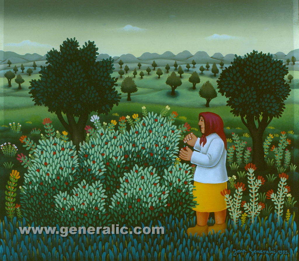 Josip Generalic, 1985, Picking raspberries, oil on glass