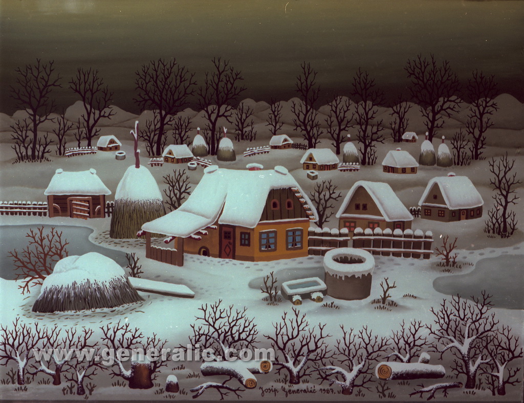 Josip Generalic, 1987, Winter in a village, oil on glass