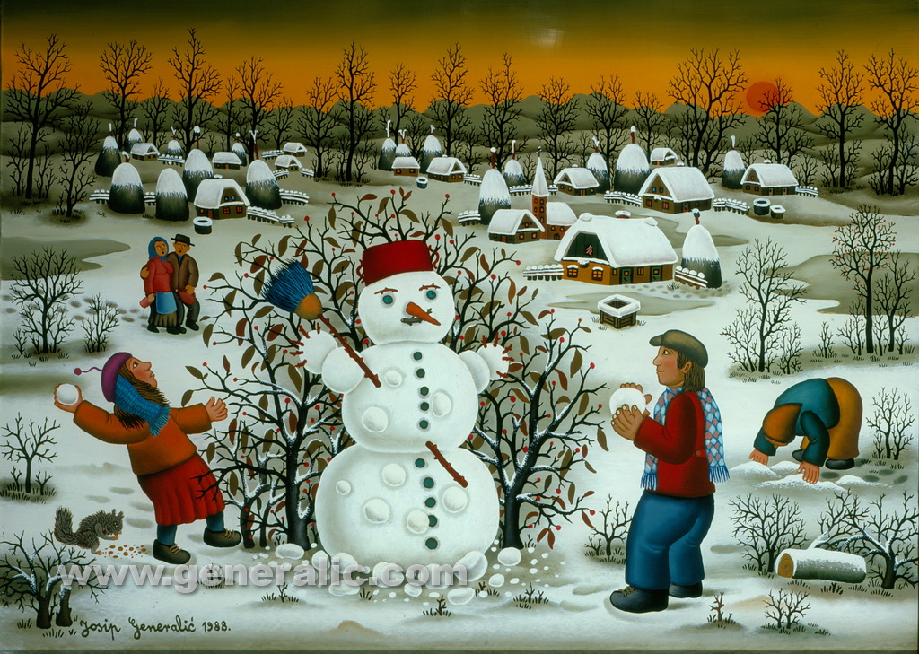Josip Generalic, 1988, Playing with snowman, oil on glass