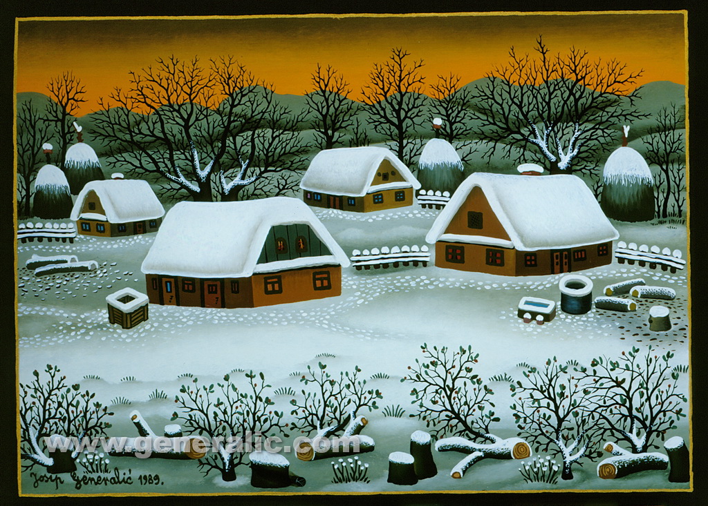 Josip Generalic, 1989, Winter with four houses, oil on glass