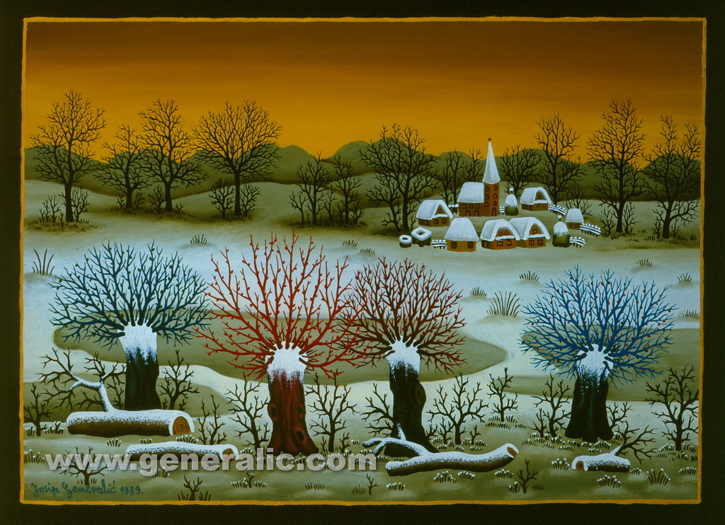 Josip Generalic, 1989, Winter with willows, oil on glass