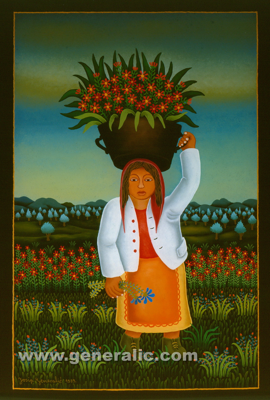 Josip Generalic, 1989, Woman with flowers, oil on glass