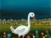 Josip Generalic, 1980, Dvije bijele ptice (Two white birds), ulje na staklu (oil on glass), 19x12 cm