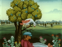 Josip Generalić, 1980, Otriježnjenje pod drvetom (Sobering under a tree), ulje na staklu (oil on glass)