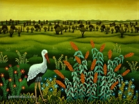 Josip Generalic, 1980, Roda na livadi (Stork on a meadow), ulje na staklu (oil on glass)
