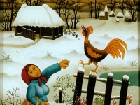 Josip Generalić, 1980, Žena i pijetao (Woman and a rooster), ulje na staklu (oil on glass)