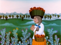 Josip Generalić, 1980, Žena nosi jabuke (Woman with apples), ulje na staklu (oil on glass), 33x24 cm
