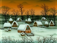 Josip Generalic, 1980, Zima s kucama (Winter in village), ulje na staklu (oil on glass)