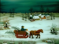 Josip Generalić, 1981, Borovi za Božić (Trees for Christmas), ulje na staklu (oil on glass), 54x64 cm