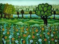 Josip Generalic, 1981, Cvjetna livaca (Flower field), ulje na staklu (oil on glass)