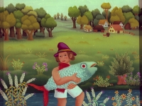 Josip Generalic, 1981, Ribic s plavom ribom (Fisherman with blue fish), ulje na staklu (oil on glass)