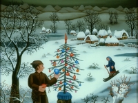 Josip Generalić, 1982, Božićni bor (Christmas tree), ulje na staklu (oil on glass), 64x49 cm