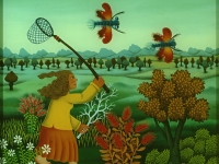 Josip Generalic, 1982, Lov na leptire (Chasing butterflies), ulje na staklu (oil on glass), 42x35 cm