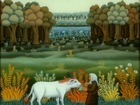 Josip Generalić, 1982, Žena hrani kravu (Woman feeding a cow), ulje na staklu (oil on glass), 55x50 cm