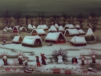 Josip Generalic, 1982, Zima sa snjegovicem (Winter with snowman), ulje na staklu (oil on glass), 38x51 cm