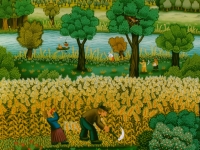Josip Generalić, 1984, Košnja žita (Mowing the hay), ulje na staklu (oil on glass)